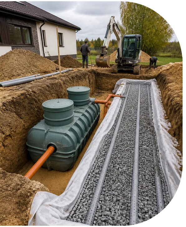 Монтаж септика с дренажным полем под ключ для дома в Куйбышеве